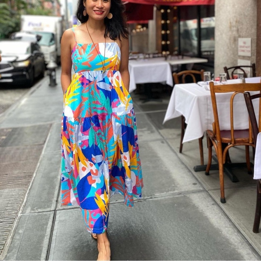 J. Crew Multicolor Tropical Leaf Print Maxi Dress with Back Tie and Pockets